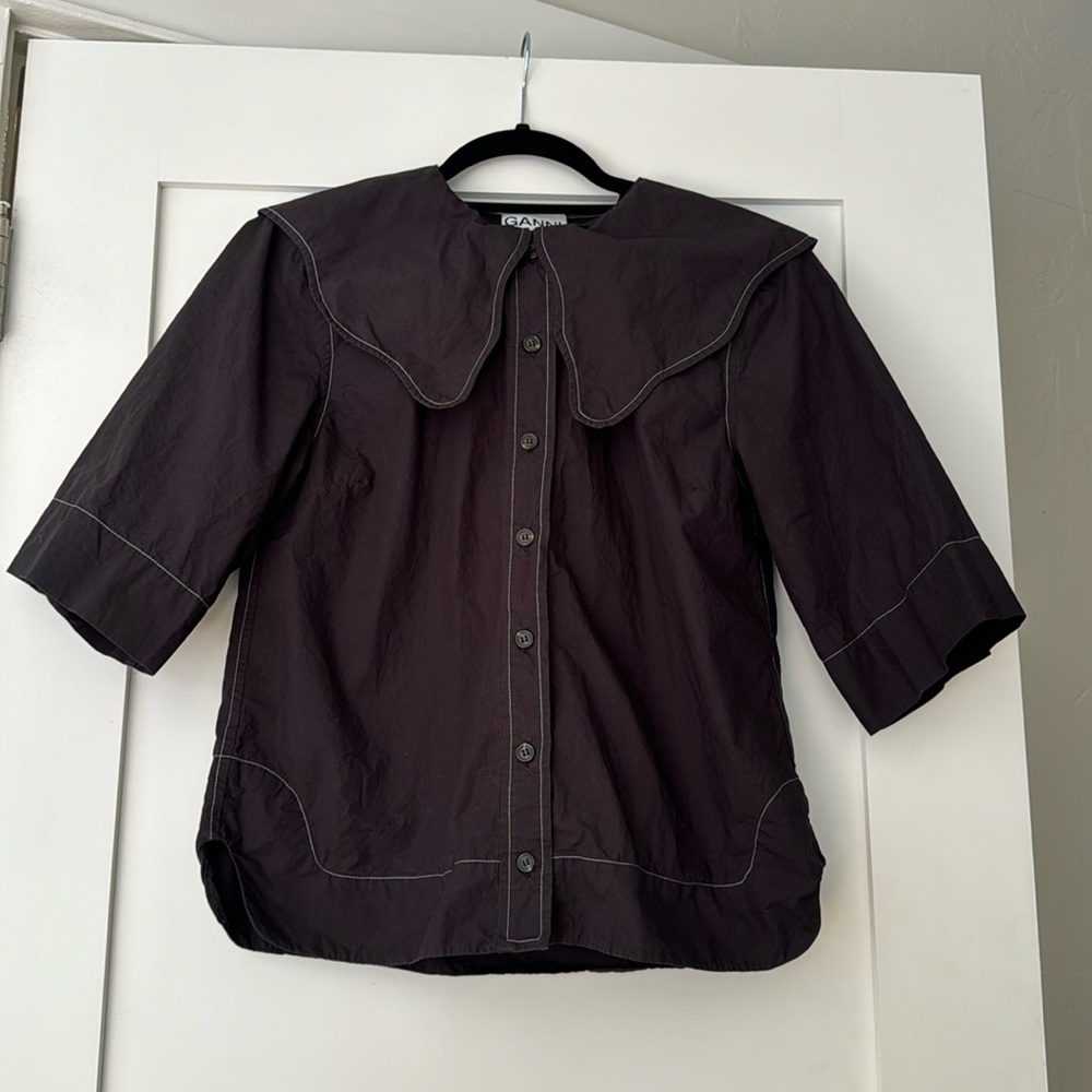 Ganni black poplin top with exggaerated collar